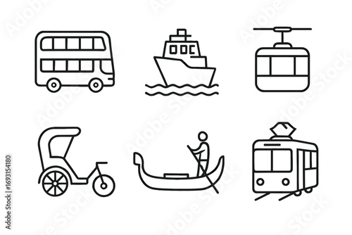 Simple line icons of various modes of transport: bus, ship, cable car, rickshaw, gondola, tram