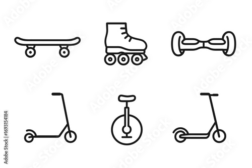 Set of outline icons: skateboard, roller skate, hoverboard, scooter, unicycle