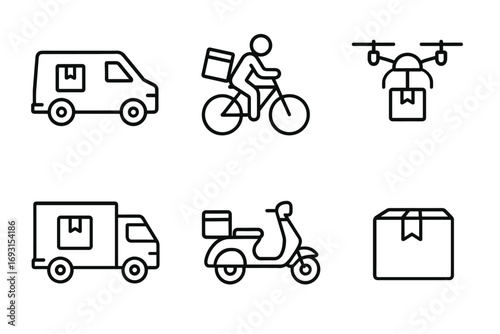 Delivery icons set: van, bicycle, drone, truck, scooter, and package in line art