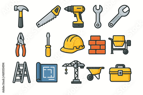Construction tools collection: hammer, hard hat, drill, blueprint, ladder, cement mixer