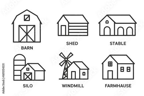 Collection of simple farm building line icons: barn, shed, stable, silo, windmill, farmhouse