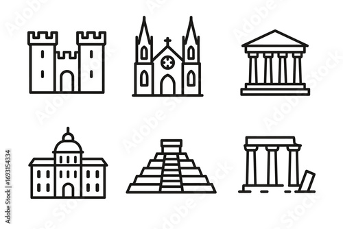 Outline icons of historic architectural landmarks: castle, cathedral, parthenon, capitol, pyramid, temple