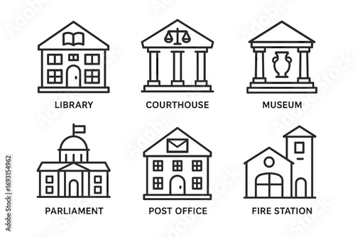 Minimalist icon set of public buildings including library, courthouse, museum, parliament, post office, and fire station