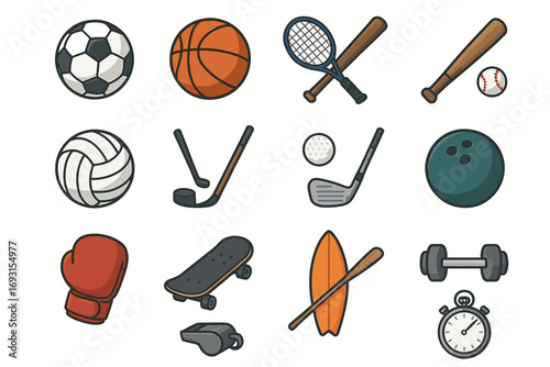 Collection of sports equipment icons: soccer, basketball, tennis, golf, and more