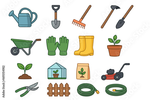 Gardening tools and equipment collection for home and outdoor planting