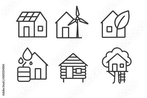 Eco-friendly housing icons: solar, wind, sustainability, water collection, cabin, treehouse