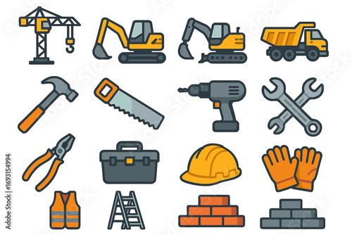 Construction tools: cranes, excavators, drill, wrenches, and safety gear