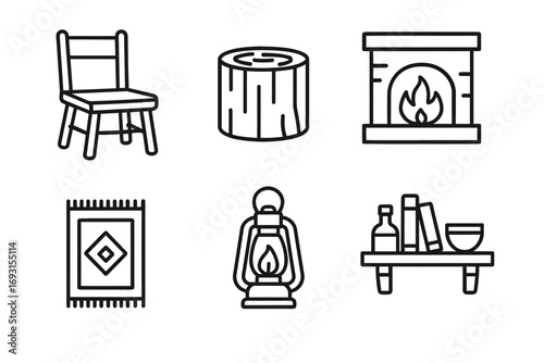 Cozy cabin essentials: chair, log, fireplace, rug, lantern, shelf icons