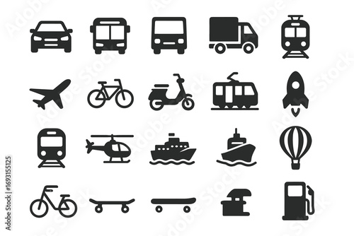 Set of various transportation icons including car, bus, train, and bicycle