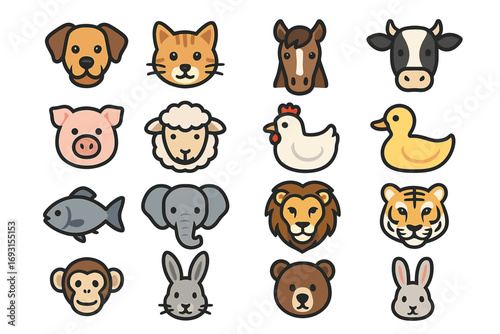 Cute cartoon animal icons set featuring 16 adorable animals
