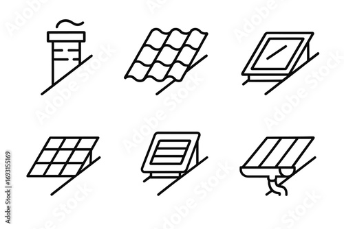 Set of solar panel and roof installation line icons
