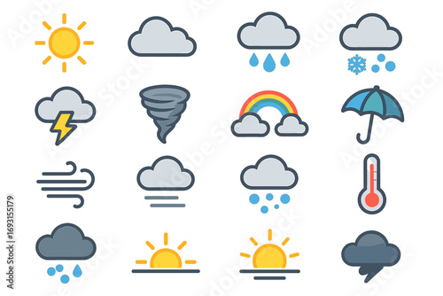 Weather icons set featuring sun, clouds, rain, snow, and umbrella