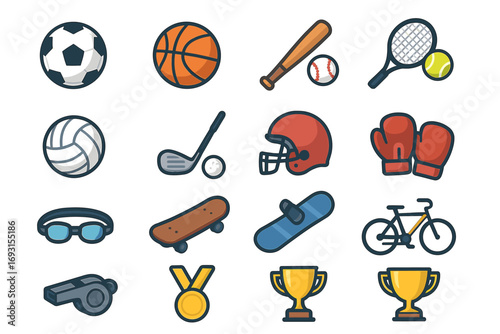 Colorful sports equipment icons set with various athletic gear