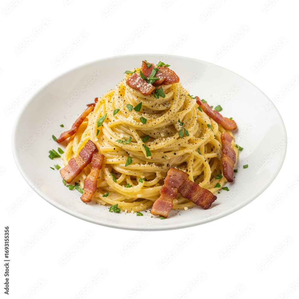 Fototapeta premium Delicious Spaghetti Carbonara with crispy bacon, fresh herbs, and parmesan cheese, a classic Italian pasta dish perfect for a gourmet meal or restaurant menu.