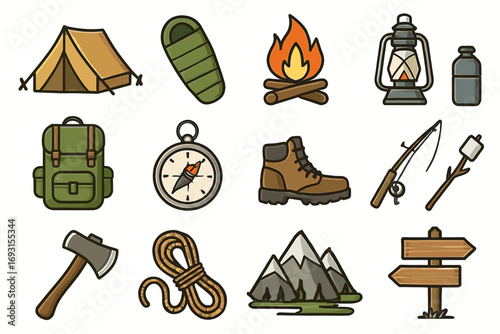 Camping equipment icons: tent, sleeping bag, campfire, backpack, compass, hiking boots, fishing rod