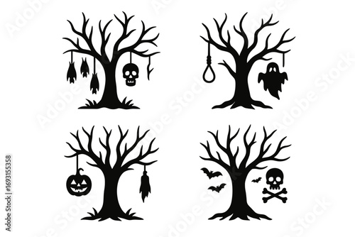 Halloween tree silhouettes with skulls, ghosts, and bats
