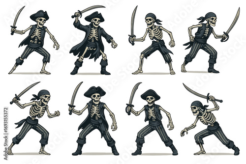 Cartoon skeleton pirates in action poses with swords and pirate hats