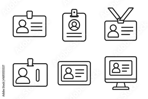 Outline icons of identification badges and cards in various formats