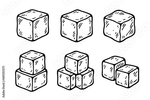 Hand-drawn ice cubes collection in various arrangements