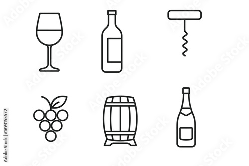 Wine symbols: glass, bottle, corkscrew, grapes, barrel, champagne line icons