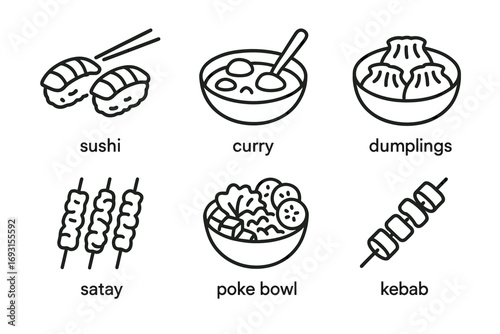 Asian cuisine icons: sushi, curry, dumplings, satay, poke bowl, kebab