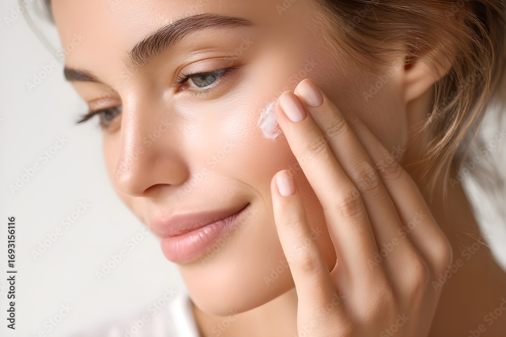 Woman applying face cream as part of daily skincare routine for hydration and beauty treatment with focus on healthy skin. Hands applying moisturizing cream on face. Anti-aging skin care Woman applying face cream as part of daily skincare routine for hydration and beauty treatment with focus on healthy skin. Hands applying moisturizing cream on face. Anti-aging skin care