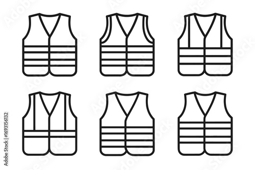 Set of six minimalist life jacket icons in black and white design