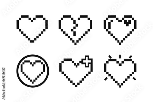 Set of pixelated heart icons: broken, outlined, and enhanced