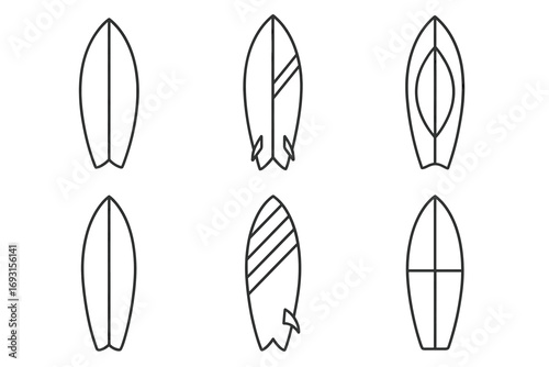 Minimalist surfboard line art collection featuring six unique designs