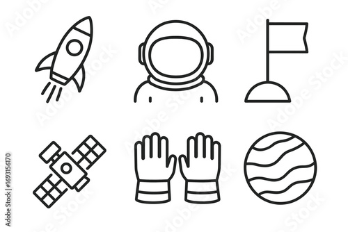 Space exploration icons: rocket, astronaut, satellite, flag, gloves, planet