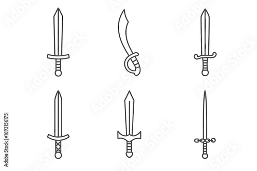 Collection of six outline sword designs with various blade styles and hilts