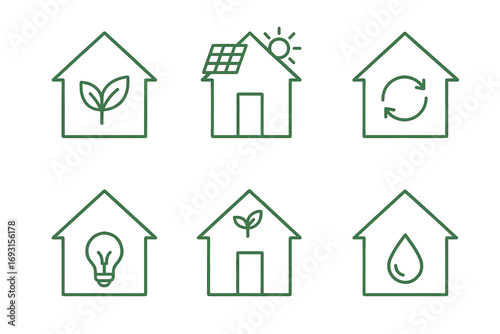 Eco-friendly home symbols: energy, sustainability, conservation, plant-based, water efficiency