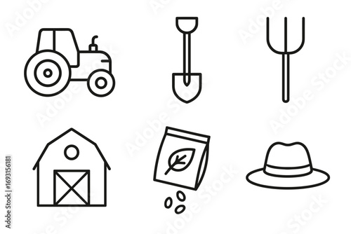 Vector farm icon set featuring tractor, tools, barn, seeds, hat for agriculture themes