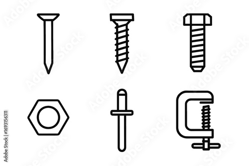 Black and white line art of nail, screw, bolt, nut, washer, clamp tool icons