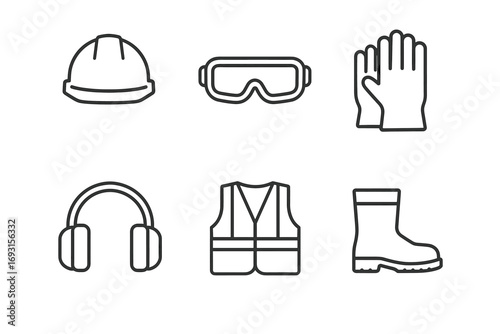 Essential workplace safety equipment icons: hard hat, goggles, gloves, ear protection, vest, boots