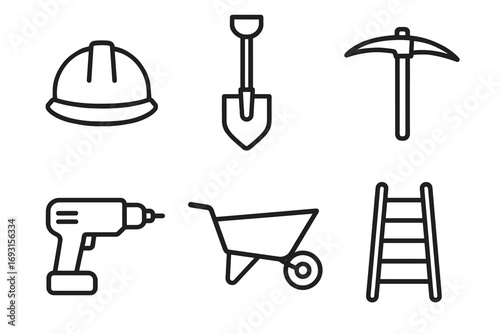 Black and white construction tools icons including hard hat and shovel