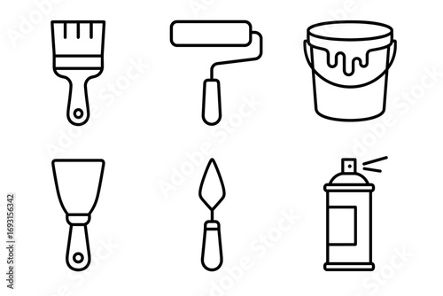 Outline icons of painting tools: brush, roller, bucket, scraper, trowel, spray can