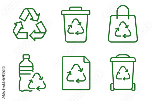Green recycling icons: bin, bag, bottle, paper with symbolic arrows
