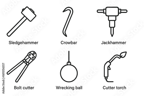 Heavy-duty construction tools icons: sledgehammer, crowbar, jackhammer, bolt cutter, wrecking ball, cutter torch