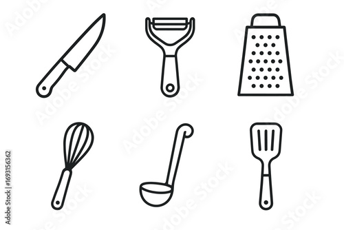 Essential kitchen utensils: knife, peeler, grater, whisk, ladle, spatula icons