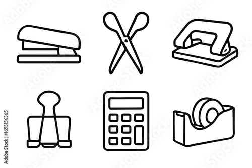 Set of office supplies icons: stapler, scissors, hole punch, binder clip, calculator, tape dispenser
