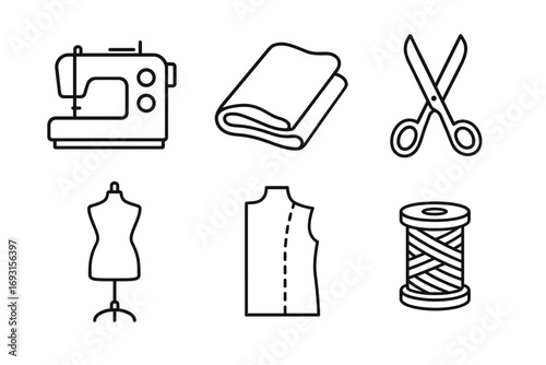 Sewing essentials: sewing machine, fabric, scissors, mannequin, pattern, thread