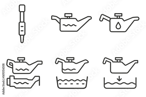 Engine oil icons: level indicators and pour spouts in line art style