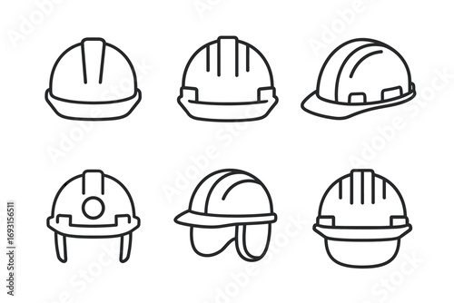 Set of six outline construction safety helmets in various designs