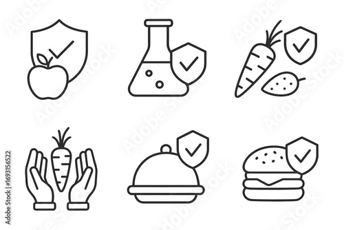 Food safety symbols: apple, chemistry, carrot, dish, burger, safety check marks