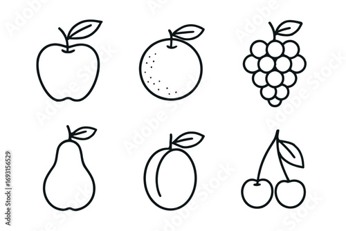 Simple line art of apple, orange, grapes, pear, peach, and cherry fruits