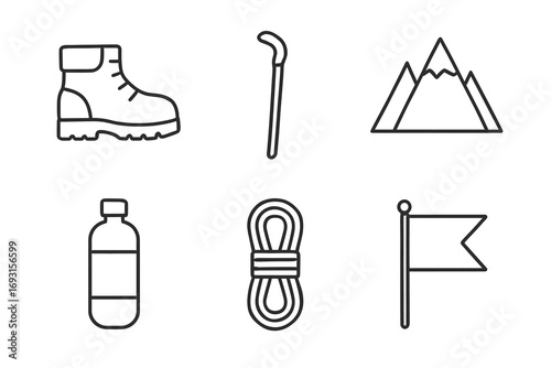 Hiking icon set: boot, walking stick, mountain, water bottle, rope, flag