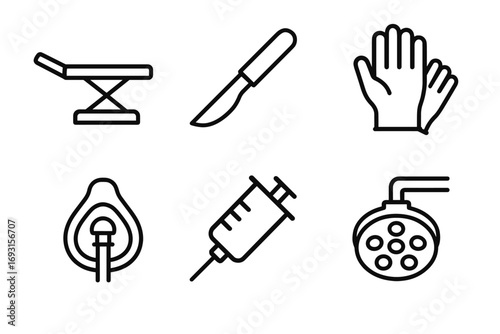 Surgical equipment icons: scalpel, gloves, syringe, operating table, lights, mask