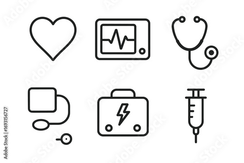 Healthcare icon set: heart, monitor, stethoscope, blood pressure, defibrillator, syringe