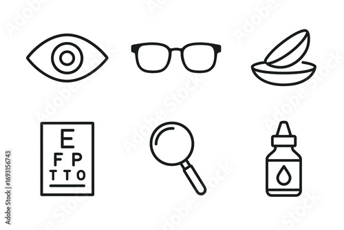 Vision essentials: glasses, contacts, eye chart, magnifier, eye drops icons